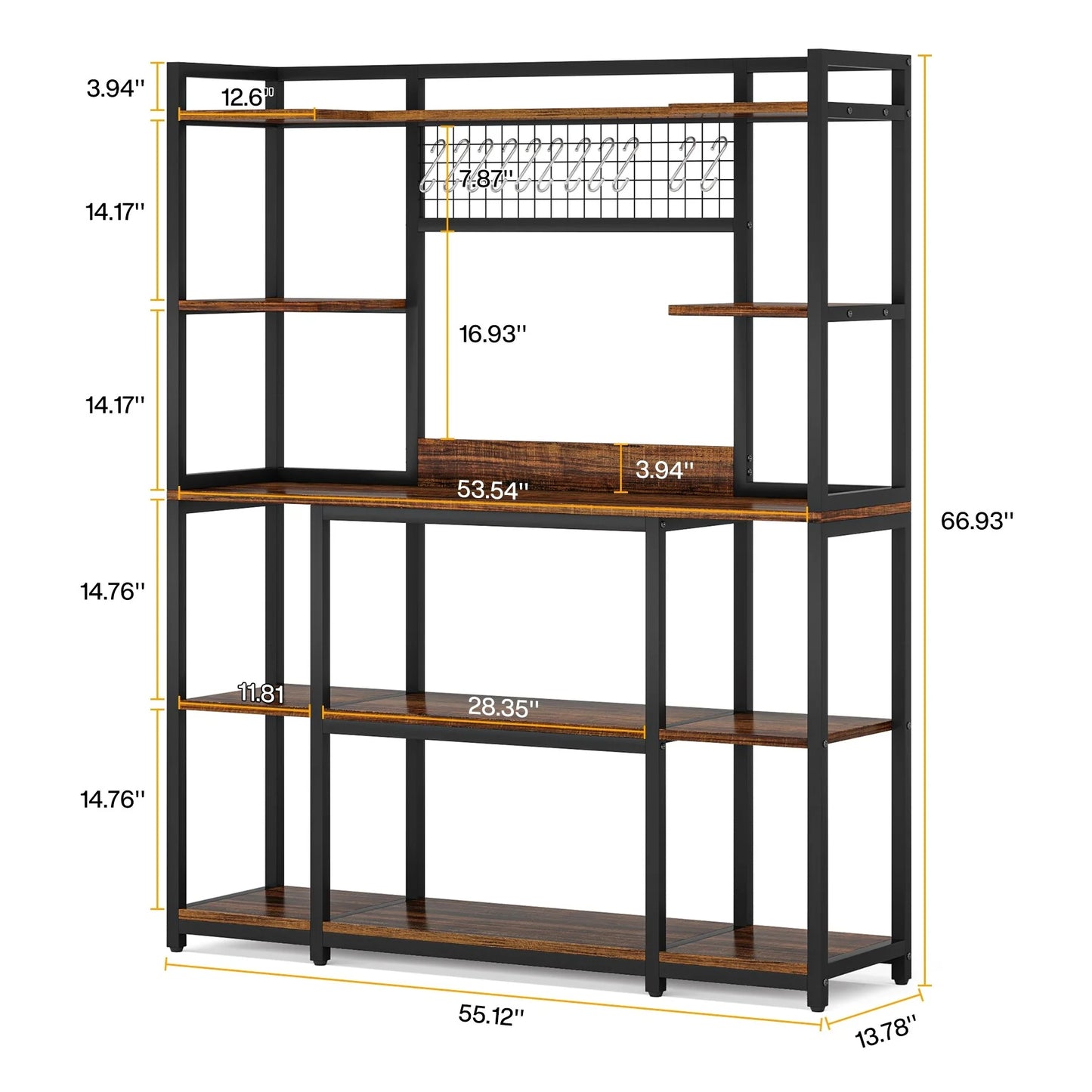 5-Tier Large Kitchen Bakers Rack, 55" Storage Shelf with 11 Hooks