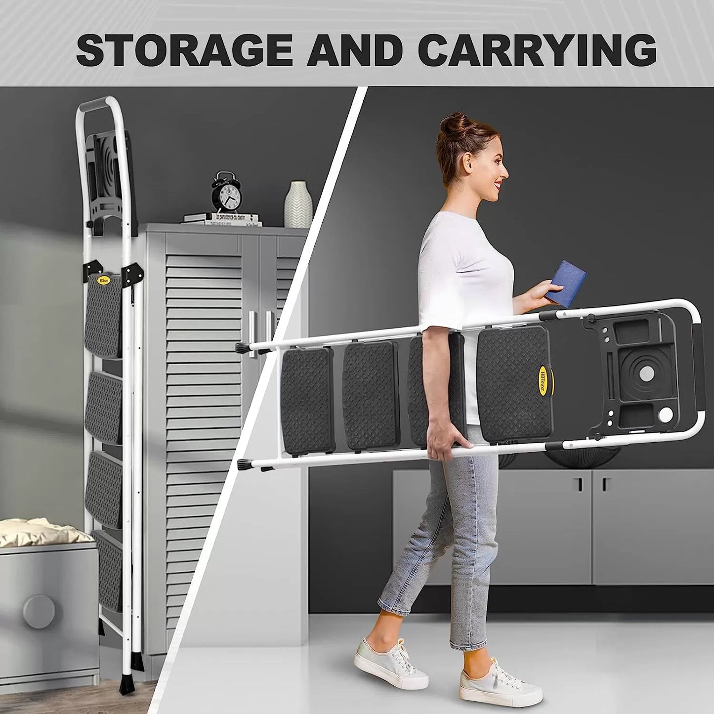 3 Step Ladder, Folding Step Stool with Wide Anti-Slip Pedal, 500lbs Sturdy Steel Ladder, Convenient Handgrip, Lightweight, Portable Steel Step Stool, Black