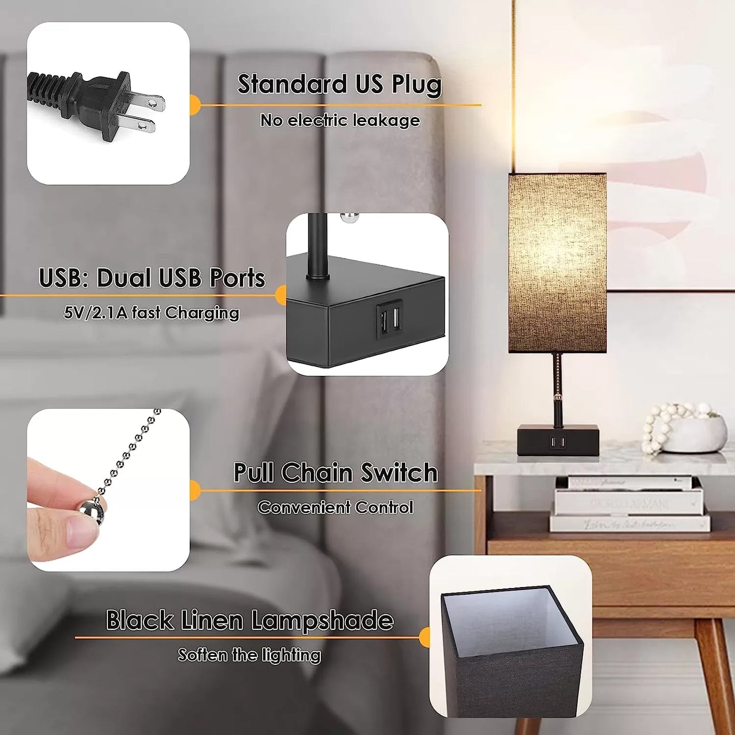 GGOYING Bedside Table Lamp, Pull Chain Table Lamp with Dual USB Charging Ports, 2700K LED Bulb, Fabric Linen Lampshade, Nightstand Lamp for Livingroom Bedroom Office Reading Working