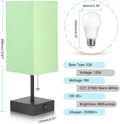 GGOYING Bedside Table Lamp, Pull Chain Table Lamp with Dual USB Charging Ports, 2700K LED Bulb, Fabric Linen Lampshade, Nightstand Lamp for Livingroom Bedroom Office Reading Working
