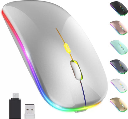 [Upgrade] LED Wireless Mouse, Slim Silent Mouse 2.4G Portable Mobile Optical Office Mouse with USB & Type-c Receiver, 3 Adjustable DPI Levels for Notebook, PC, Laptop, Computer, MacBook (Pink)