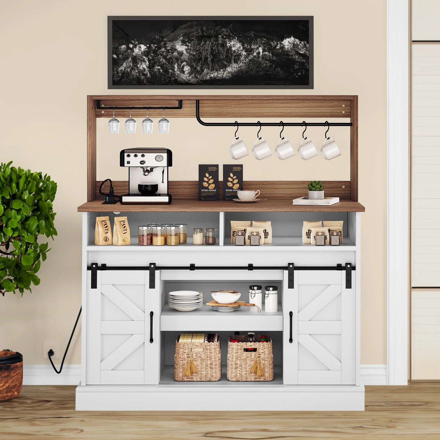 Moasis Farmhouse Coffee Bar Cabinet - 15.1"D x 47.2"W x 51.5"H