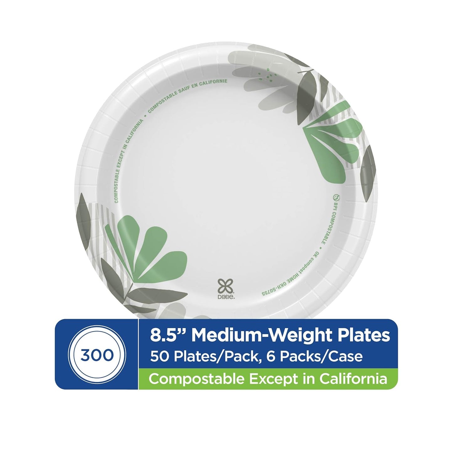 Dixie 8 1/2 Inch Medium-Weight Disposable Paper Plates, Pathways, 300 Count, Bulk Case, 6 Packs/50 Count Per Pack, (Georgia-Pacific #UX9P300)