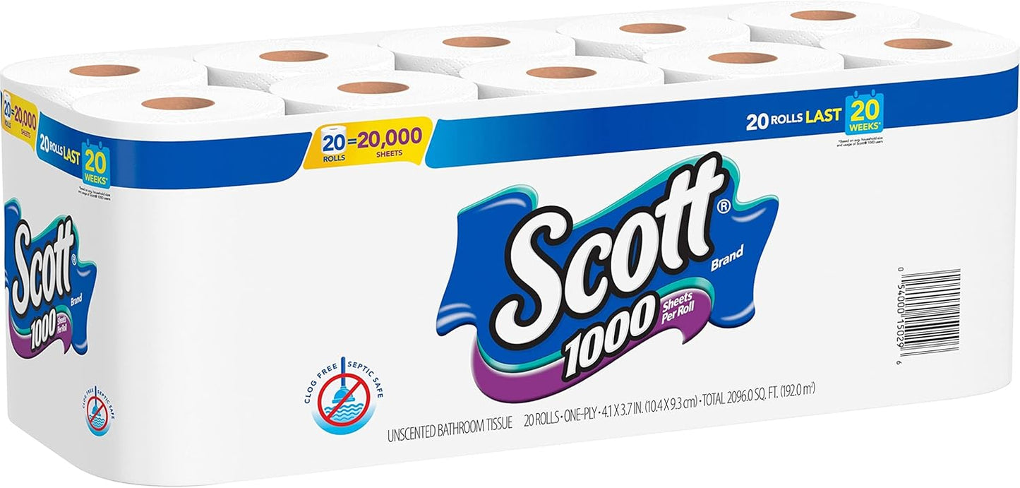 Scott 1000 Toilet Paper, 18 Rolls, Septic-Safe, 1-Ply Toilet Tissue