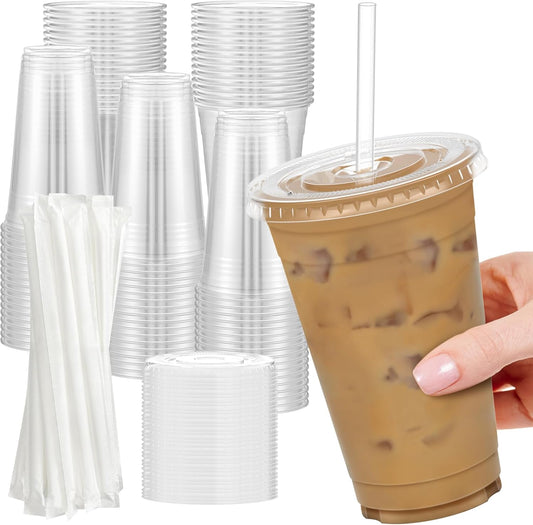 100 Pack - 16 oz Clear Plastic Cups with Lids and Straws, Sturdy & Food Safe Iced Coffee Cups with lids, Disposable Plastic Smoothie Cups for Cold Drinks