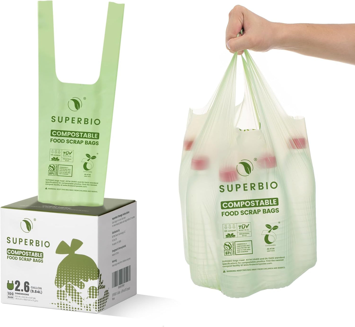 SUPERBIO 13 Gallon Compostable Kitchen Waste Bags with Handles, Food Scrap Bags Certified by BPI, OK compost INDUSTRIAL, 30 Count, 49.2L