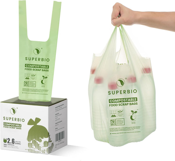 SUPERBIO 13 Gallon Compostable Kitchen Waste Bags with Handles, Food Scrap Bags Certified by BPI, OK compost INDUSTRIAL, 30 Count, 49.2L