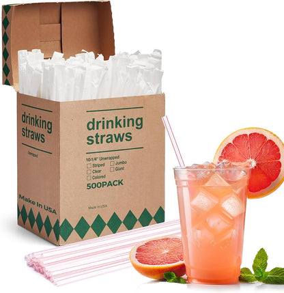 Glotoch Express 500PCS Individually Wrapped Clear Plastic Straws, 7.75'' Long, 0.24'' Diameter Disposable Drinking Straws for Every Occasion, Party, Made in USA