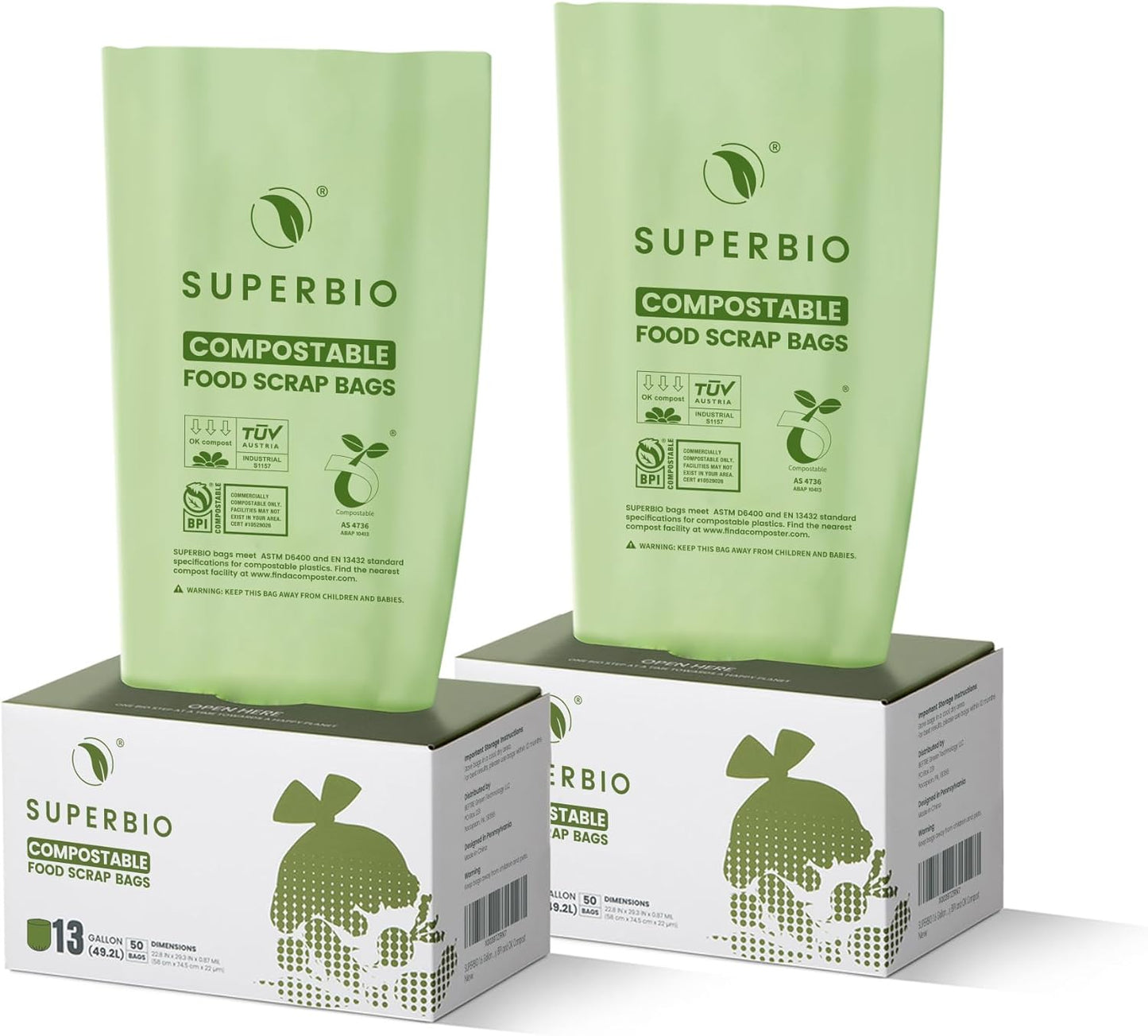 SUPERBIO 13 Gallon Compostable Kitchen Waste Bags with Handles, Food Scrap Bags Certified by BPI, OK compost INDUSTRIAL, 30 Count, 49.2L
