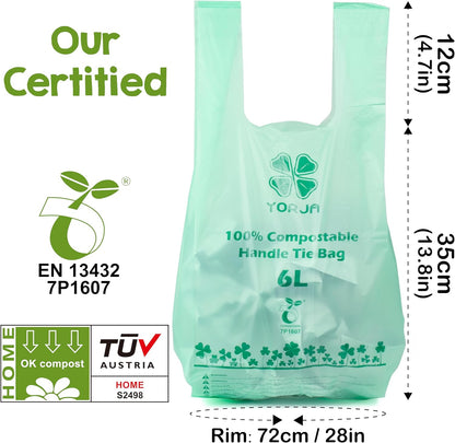 YORJA 1.6 Gallon Tie Handles Compost Trash Bags 120 Food Scrap Bags, Compostable Kitchen Waste Bags with Europe EN13432 & ASTM D6400 Certified