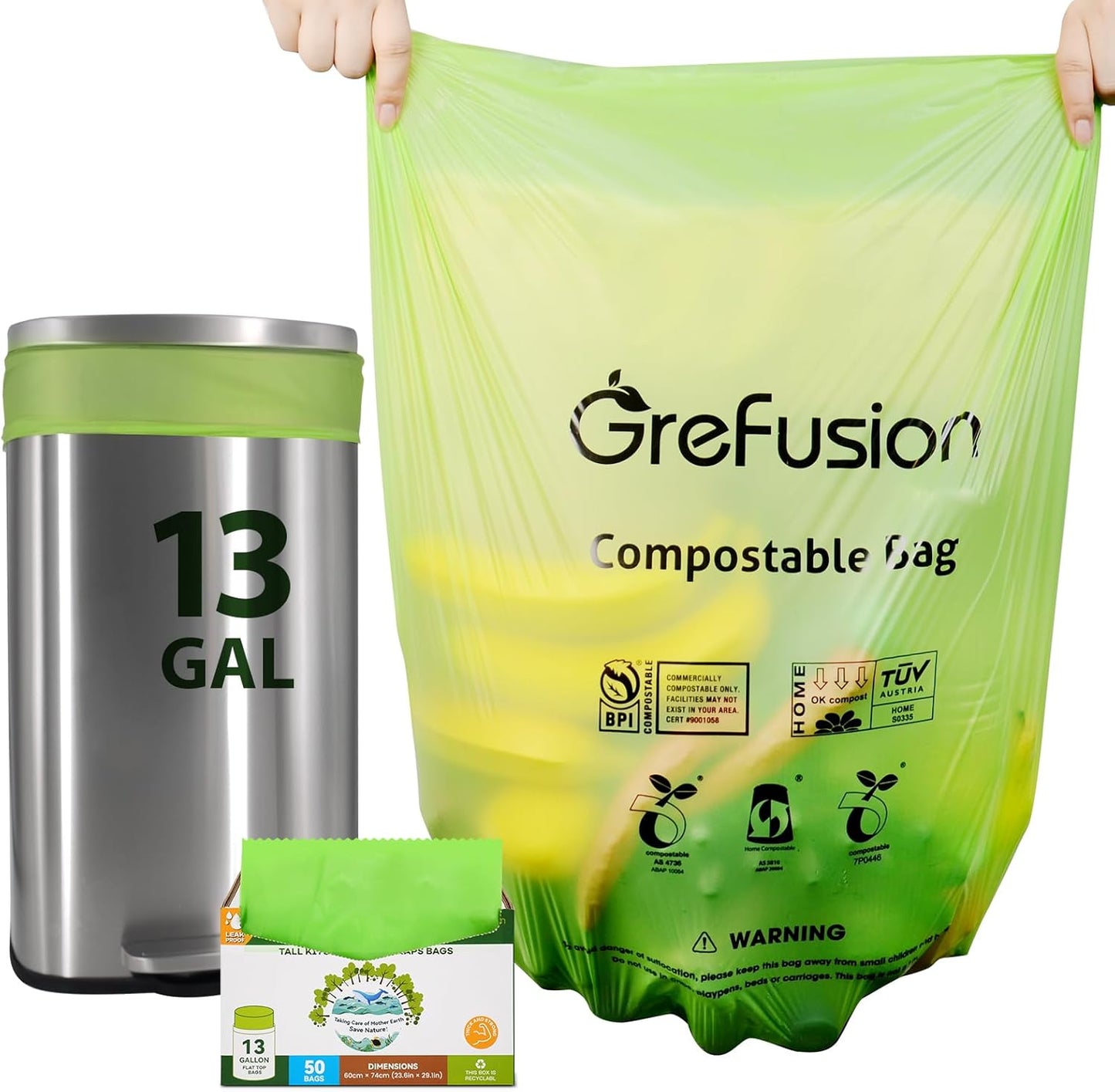 GreFusion Compostable Bags for Kitchen Compost Bin, 1.2 Gallon, 125 Count, Certified by BPI and ASTM, Leakproof and Odor Control