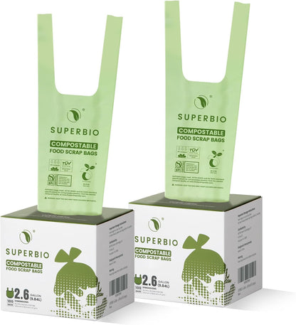 SUPERBIO 2.6 Gallon Compostable Bags with Handles, 100 Count,1 Pack, Food Scrap Bags Certified by BPI and OK compost INDUSTRIAL, 9.84L