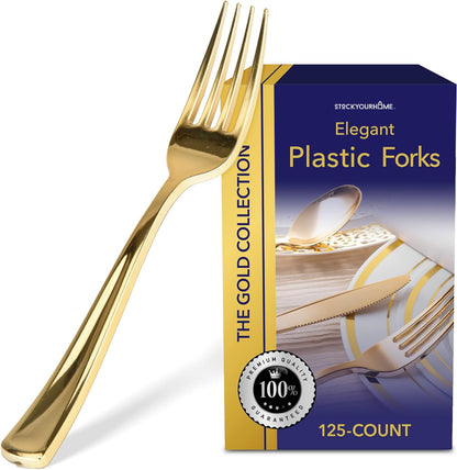 Stock Your Home 125 Disposable Heavy Duty Plastic Forks, Fancy Plastic Silverware Looks Like Real Cutlery - Utensils Perfect for Catering Events, Restaurants, Parties and Weddings (Silver)