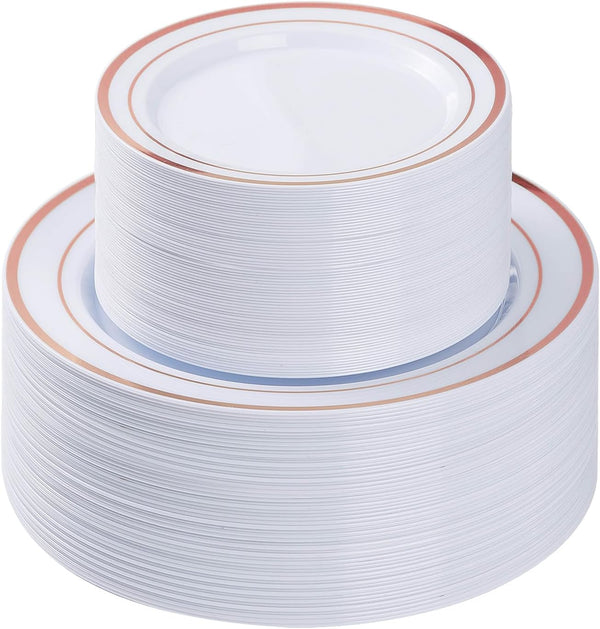 BESTVIP 200PCS Gold Plastic Plate, Disposable Party Plates with 100 Dinner Plates and 100 Dessert Plates, Plastic Plates for Party, Wedding and Birthday