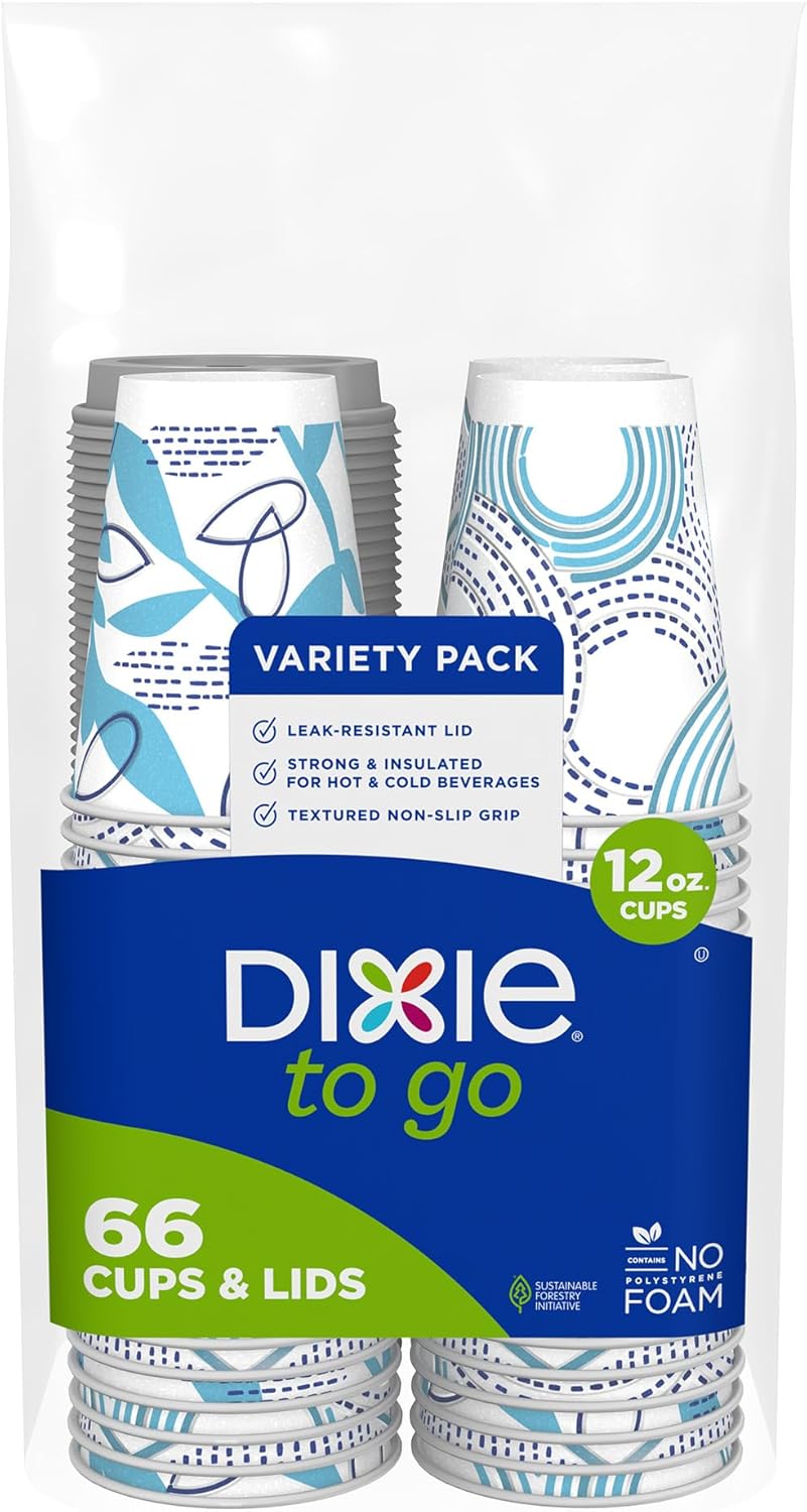 Dixie To Go Paper Coffee Cups With Lids, 12 oz, 156 ct, Disposable Insulated Paper Cups for On-The-Go Hot or Cold Beverages