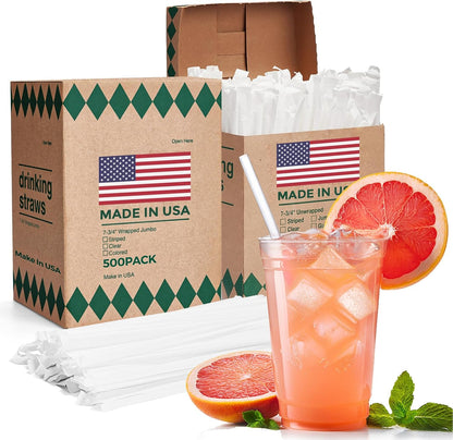 Glotoch Express 500PCS Individually Wrapped Clear Plastic Straws, 7.75'' Long, 0.24'' Diameter Disposable Drinking Straws for Every Occasion, Party, Made in USA