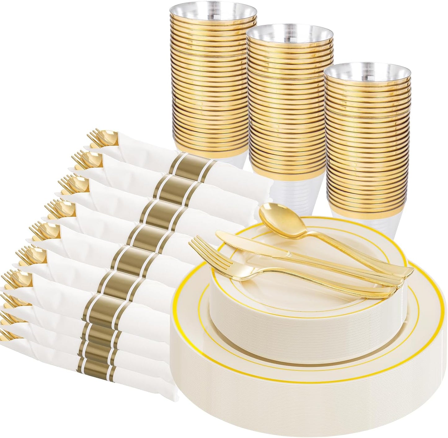 WELLIFE 350-Piece Gold Disposable Plates and Cutlery Set - Premium 10.25" Dinner Plates, 7.5" Dessert Plates, 9oz Cups & Cutlery for Weddings, Catering Events - 50 Guest Service - Elegant & Sturdy