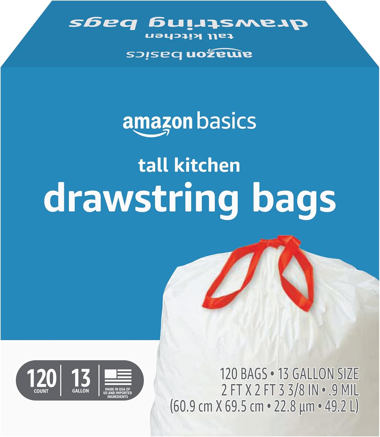 Amazon Basics Tall Kitchen Drawstring Trash Bags, 13 Gallon, Unscented, 45 Count