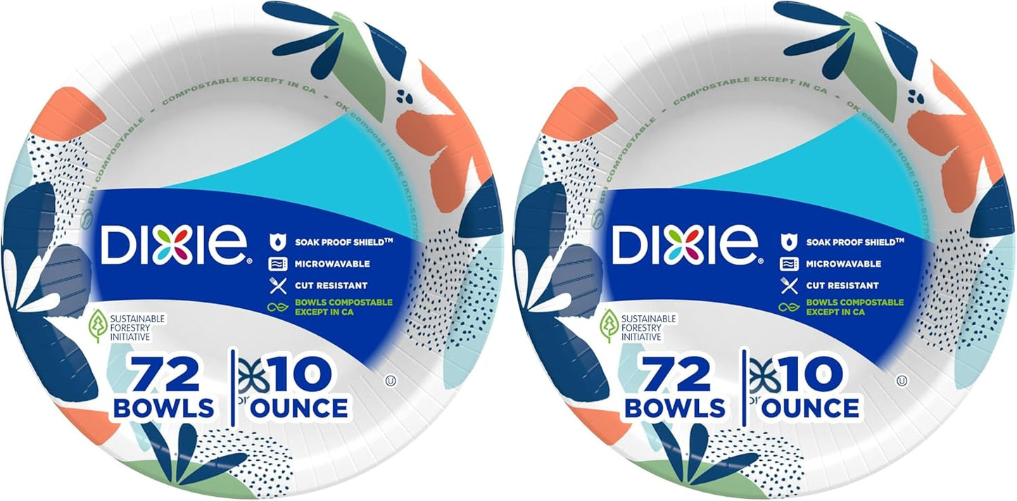 Dixie Small Paper Bowls, 10 Oz, 72 Count, Microwave-Safe, Soak-Proof, Disposable Bowls Great For Snacks, Dessert, And Light Lunch Meals