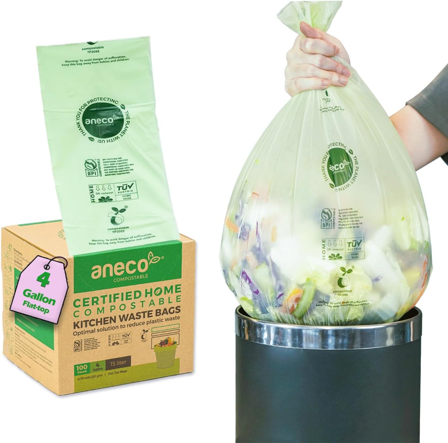 (Include 10 Bonus Bags) ANECO 100% Compostable Waste Bags 2.6 Gallon, Extra Thick Kitchen Small Compost Bags for Countertop Bin, 110 Count (100 + 10 Extra)
