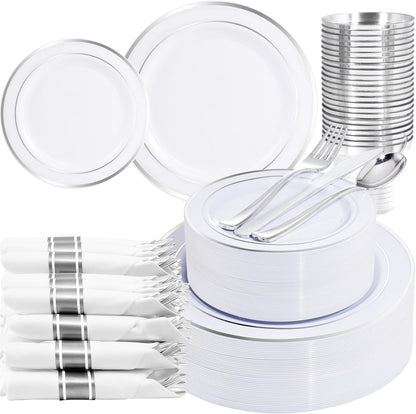 WELLIFE 350-Piece Gold Disposable Plates and Cutlery Set - Premium 10.25" Dinner Plates, 7.5" Dessert Plates, 9oz Cups & Cutlery for Weddings, Catering Events - 50 Guest Service - Elegant & Sturdy