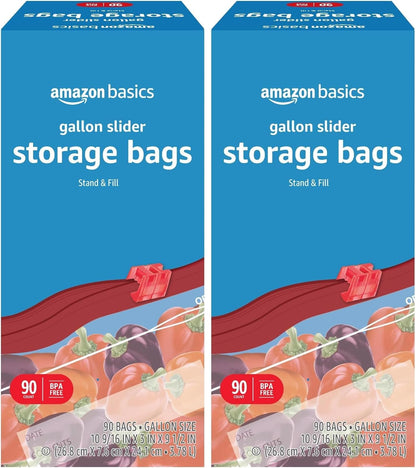 Amazon Basics Slider Gallon Food Storage Bags, BPA Free, Stand-Up Bottom, Easy to Fill, 90 Count