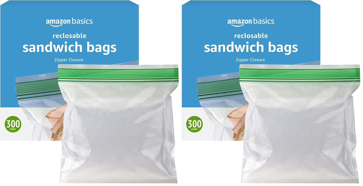 Amazon Basics Resealable Double Zipper Sandwich Storage Bags for Food Storage, 300 Count (Previously Solimo)