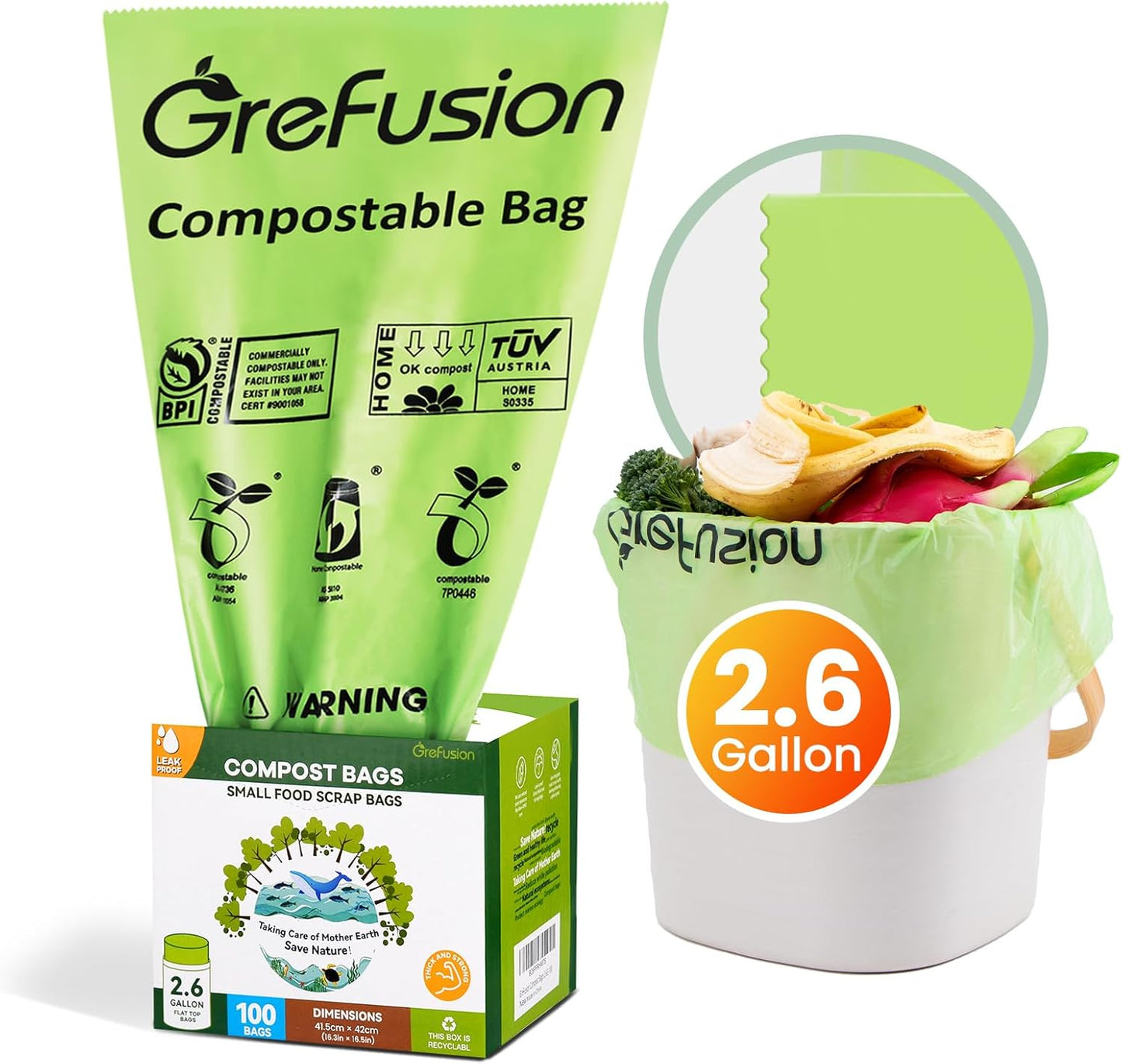 GreFusion Compostable Bags for Kitchen Compost Bin, 1.2 Gallon, 125 Count, Certified by BPI and ASTM, Leakproof and Odor Control
