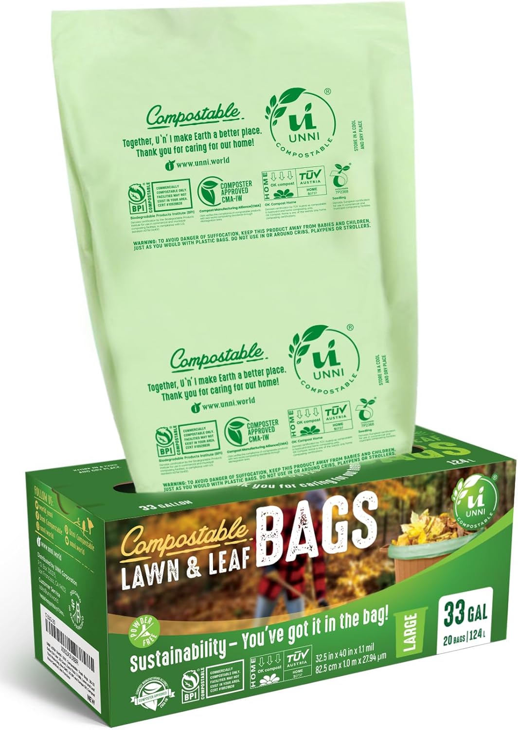 UNNI Compostable Trash Bags, 3 Gallon / 11.35 Liter, 100 Count, Extra Thick 0.71 Mil Small Kitchen Food Scrap Bin Liners, Certified by BPI, CMA & OK compost HOME, Meets the ASTM D6400 Standard
