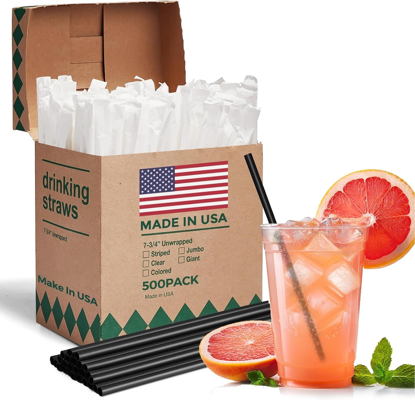 Glotoch Express 500PCS Individually Wrapped Clear Plastic Straws, 7.75'' Long, 0.24'' Diameter Disposable Drinking Straws for Every Occasion, Party, Made in USA