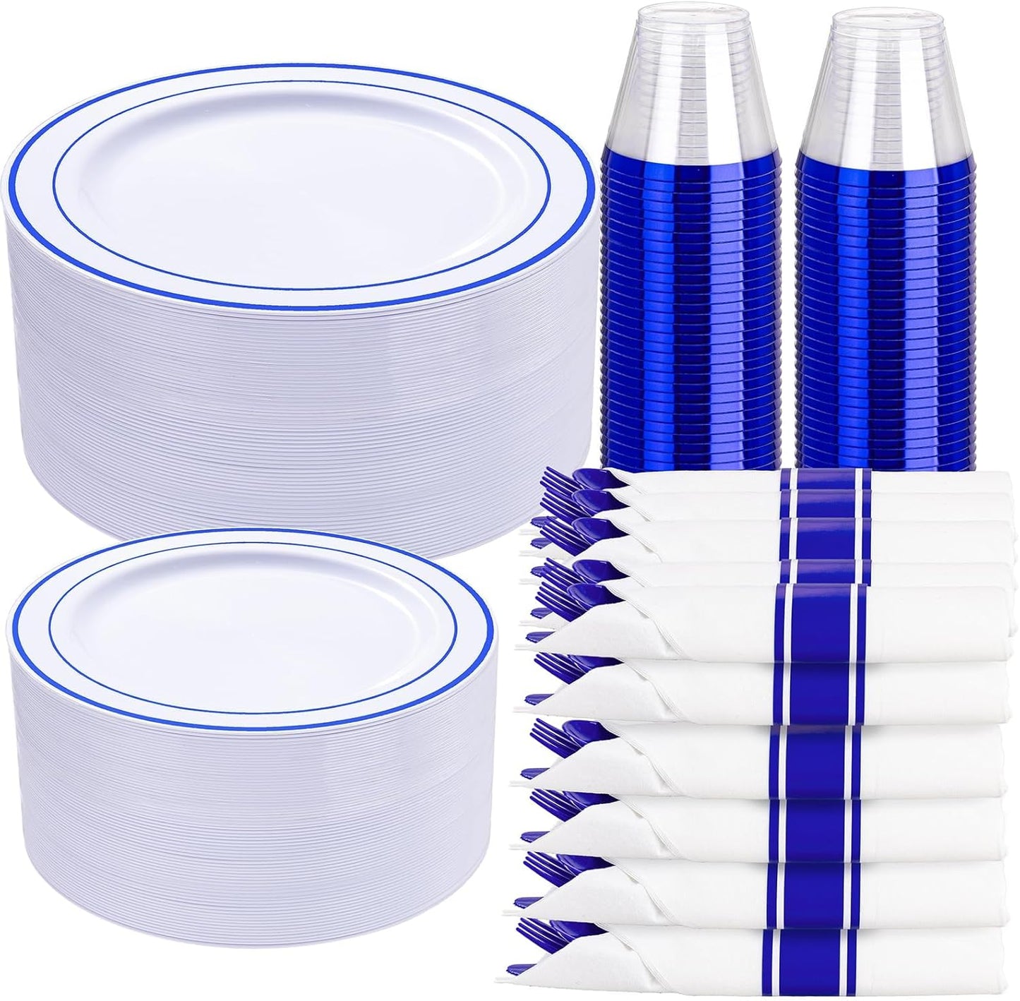 WELLIFE 350-Piece Gold Disposable Plates and Cutlery Set - Premium 10.25" Dinner Plates, 7.5" Dessert Plates, 9oz Cups & Cutlery for Weddings, Catering Events - 50 Guest Service - Elegant & Sturdy