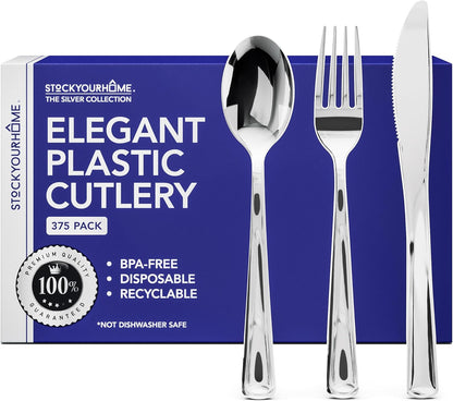 Stock Your Home 125 Disposable Heavy Duty Plastic Forks, Fancy Plastic Silverware Looks Like Real Cutlery - Utensils Perfect for Catering Events, Restaurants, Parties and Weddings (Silver)