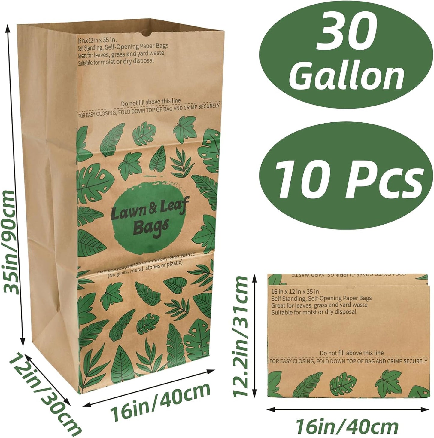 YOUEON 10 Pack 30 Gallon Leaf Bags Brown Paper, 2-Ply Heavy Duty Lawn and Refuse Bags, Yard Waste Bags for Home, Garden, Yard, Self Standing and Tear Resistant