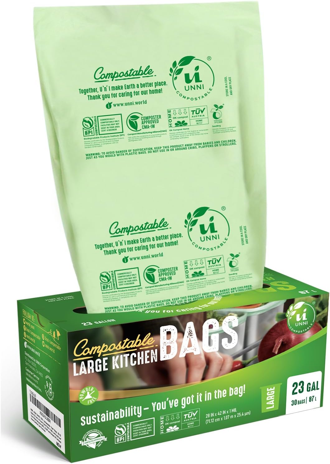 UNNI Compostable Trash Bags, 2.6 Gallon / 9.84 Liter, 100 Count, Extra Thick 0.71 Mil Small Kitchen Food Scrap Bin Liners, Certified by BPI, CMA & OK compost HOME, Meets the ASTM D6400 Standard