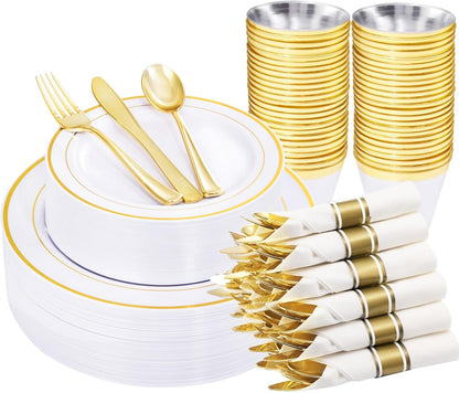WELLIFE 350-Piece Gold Disposable Plates and Cutlery Set - Premium 10.25" Dinner Plates, 7.5" Dessert Plates, 9oz Cups & Cutlery for Weddings, Catering Events - 50 Guest Service - Elegant & Sturdy