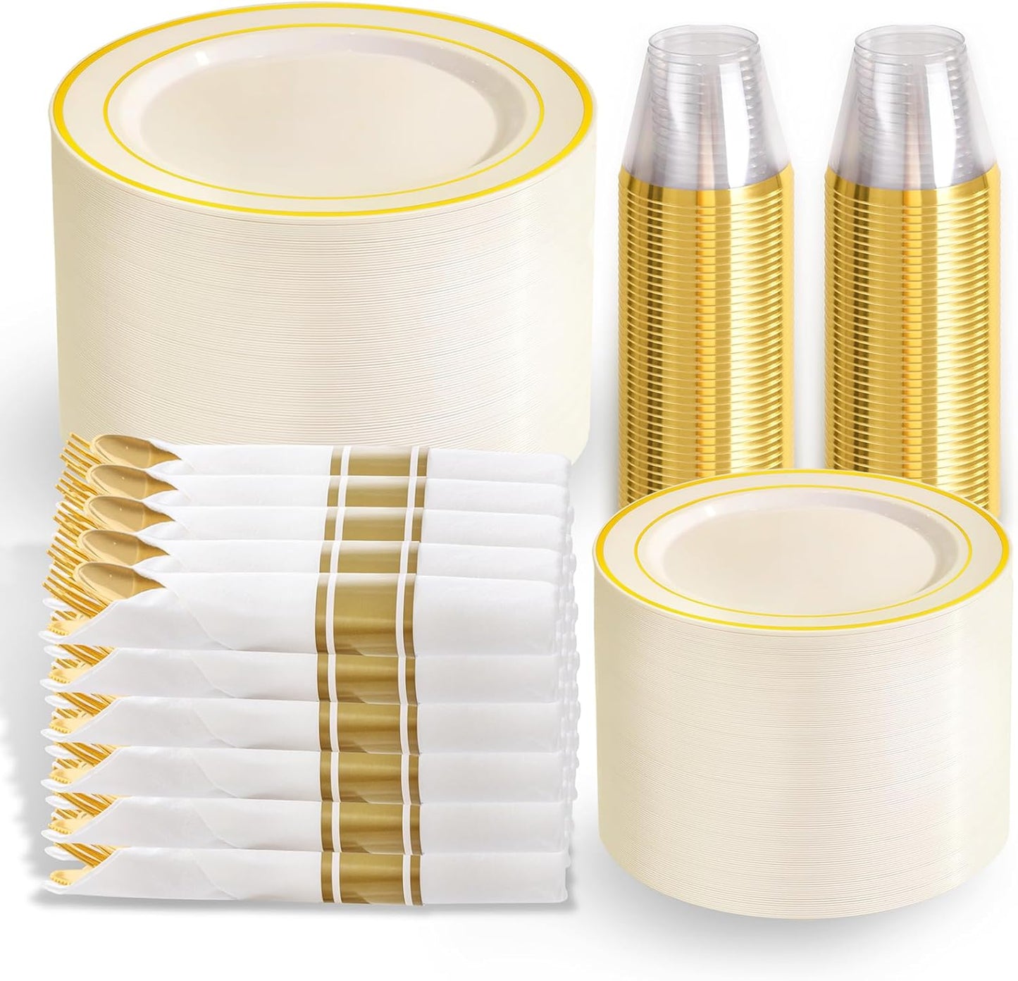 WELLIFE 350-Piece Gold Disposable Plates and Cutlery Set - Premium 10.25" Dinner Plates, 7.5" Dessert Plates, 9oz Cups & Cutlery for Weddings, Catering Events - 50 Guest Service - Elegant & Sturdy
