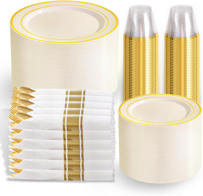 WELLIFE 350-Piece Gold Disposable Plates and Cutlery Set - Premium 10.25" Dinner Plates, 7.5" Dessert Plates, 9oz Cups & Cutlery for Weddings, Catering Events - 50 Guest Service - Elegant & Sturdy