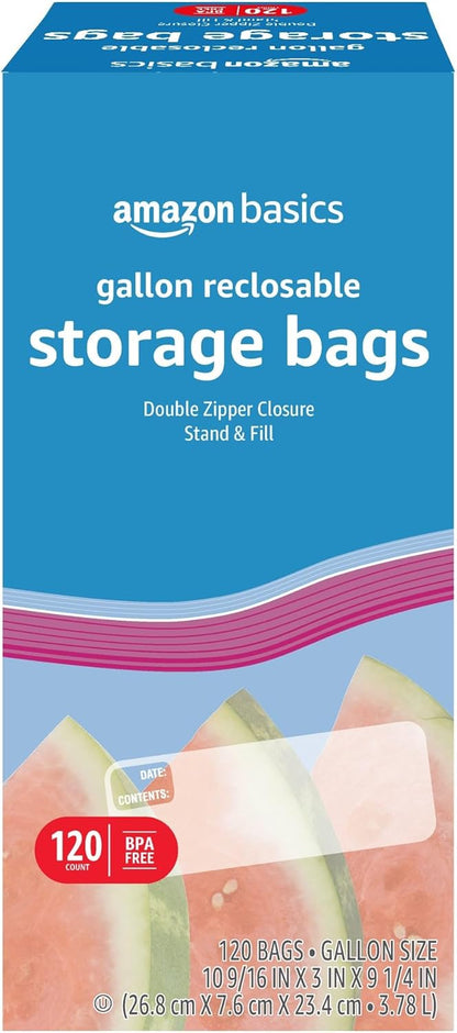 Amazon Basics Reclosable Quart Food Storage Bags with Double Zipper Seal, BPA Free, 150 Count