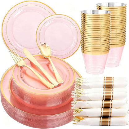 WELLIFE 350-Piece Gold Disposable Plates and Cutlery Set - Premium 10.25" Dinner Plates, 7.5" Dessert Plates, 9oz Cups & Cutlery for Weddings, Catering Events - 50 Guest Service - Elegant & Sturdy