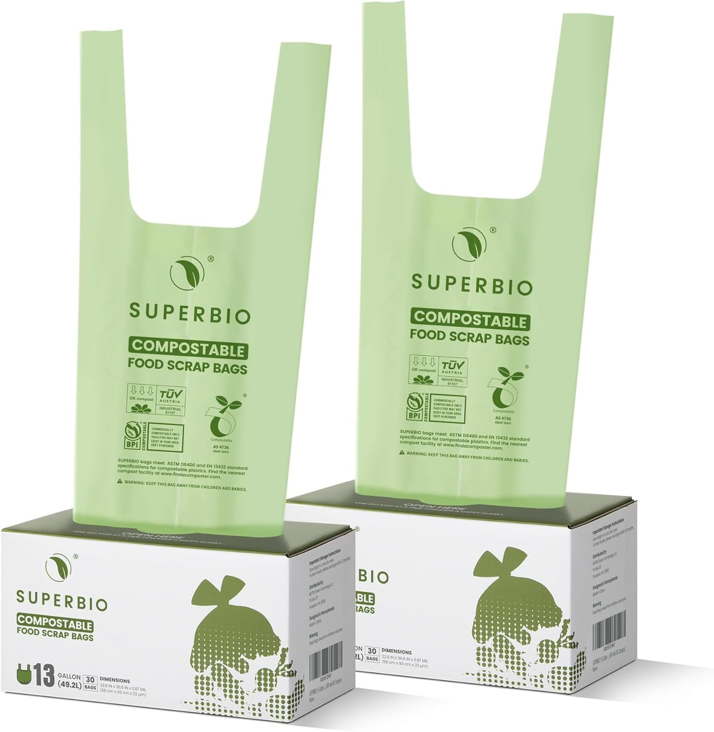 SUPERBIO 13 Gallon Compostable Kitchen Waste Bags with Handles, Food Scrap Bags Certified by BPI, OK compost INDUSTRIAL, 30 Count, 49.2L