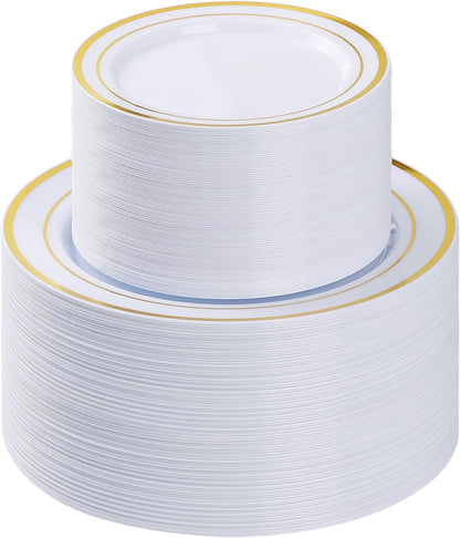 BESTVIP 200PCS Gold Plastic Plate, Disposable Party Plates with 100 Dinner Plates and 100 Dessert Plates, Plastic Plates for Party, Wedding and Birthday