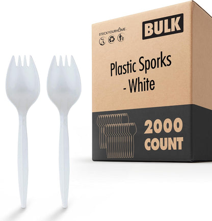 Stock Your Home 100 Disposable Sporks, White Plastic Sporks – Kid Safe 2 in 1 Utensils – Fork Spoon Perfect for School Lunch, Picnics, Catered Events, Restaurants and Kids Birthday Parties