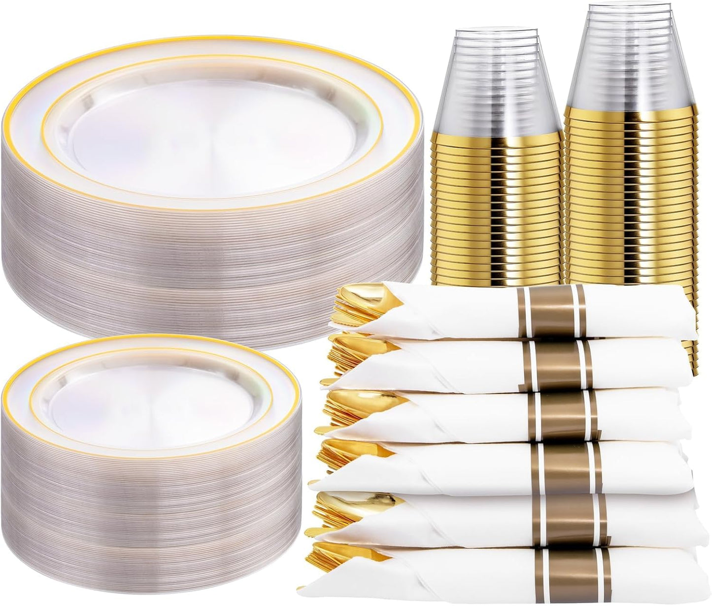 WELLIFE 350-Piece Gold Disposable Plates and Cutlery Set - Premium 10.25" Dinner Plates, 7.5" Dessert Plates, 9oz Cups & Cutlery for Weddings, Catering Events - 50 Guest Service - Elegant & Sturdy