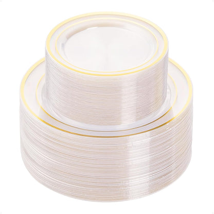 BESTVIP 200PCS Gold Plastic Plate, Disposable Party Plates with 100 Dinner Plates and 100 Dessert Plates, Plastic Plates for Party, Wedding and Birthday