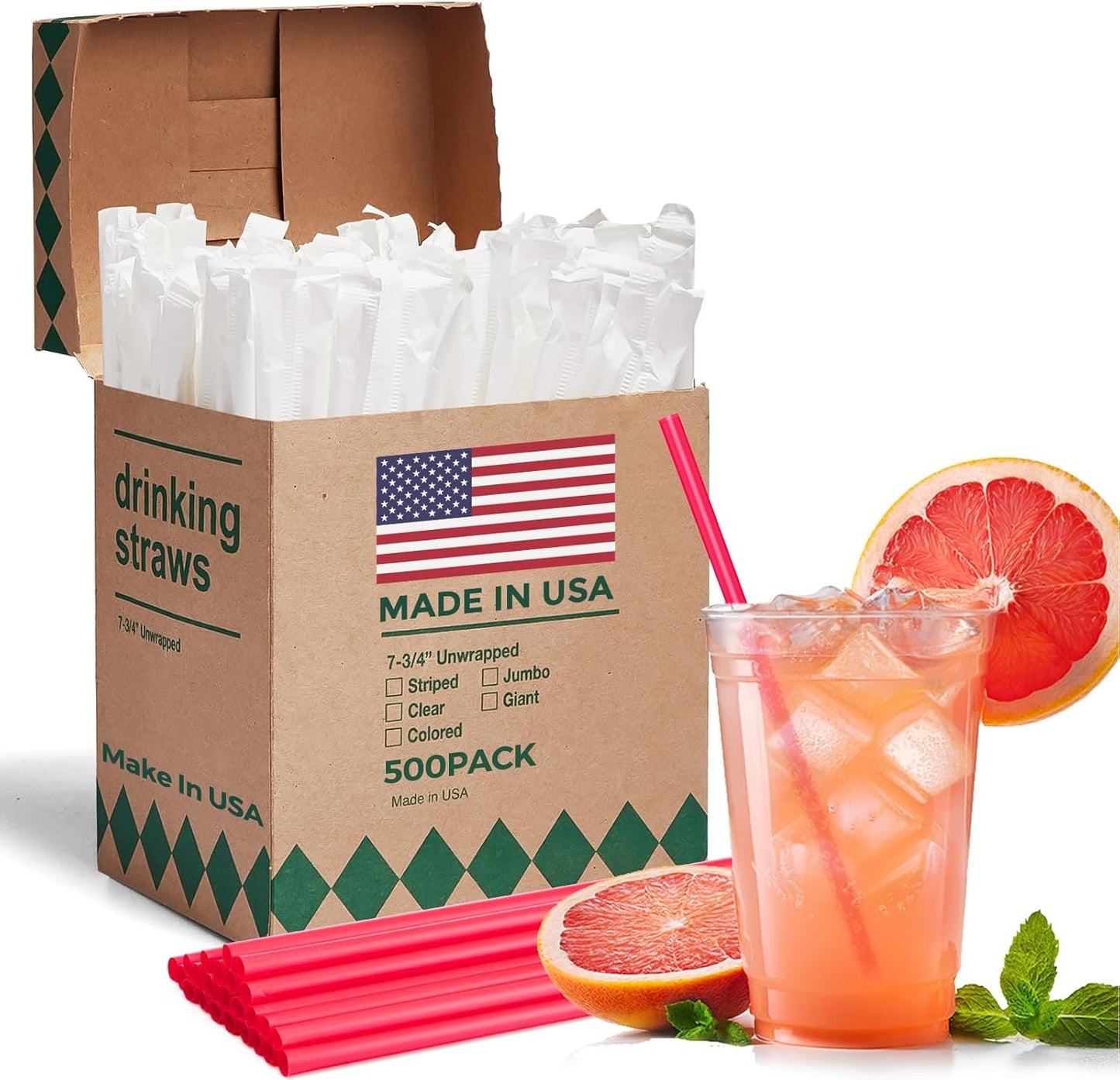 Glotoch Express 500PCS Individually Wrapped Clear Plastic Straws, 7.75'' Long, 0.24'' Diameter Disposable Drinking Straws for Every Occasion, Party, Made in USA