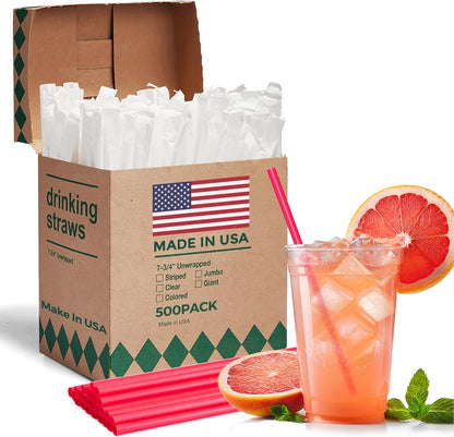Glotoch Express 500PCS Individually Wrapped Clear Plastic Straws, 7.75'' Long, 0.24'' Diameter Disposable Drinking Straws for Every Occasion, Party, Made in USA