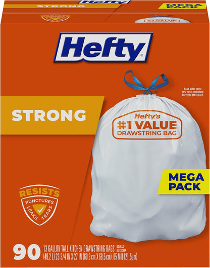 Hefty Strong White 13 Gallon Trash Bags with Drawstrings, Unscented Tall Kitchen Trash Bags, Resists Leaks, Punctures, and Tears, Durable Closure, 120 Ct.