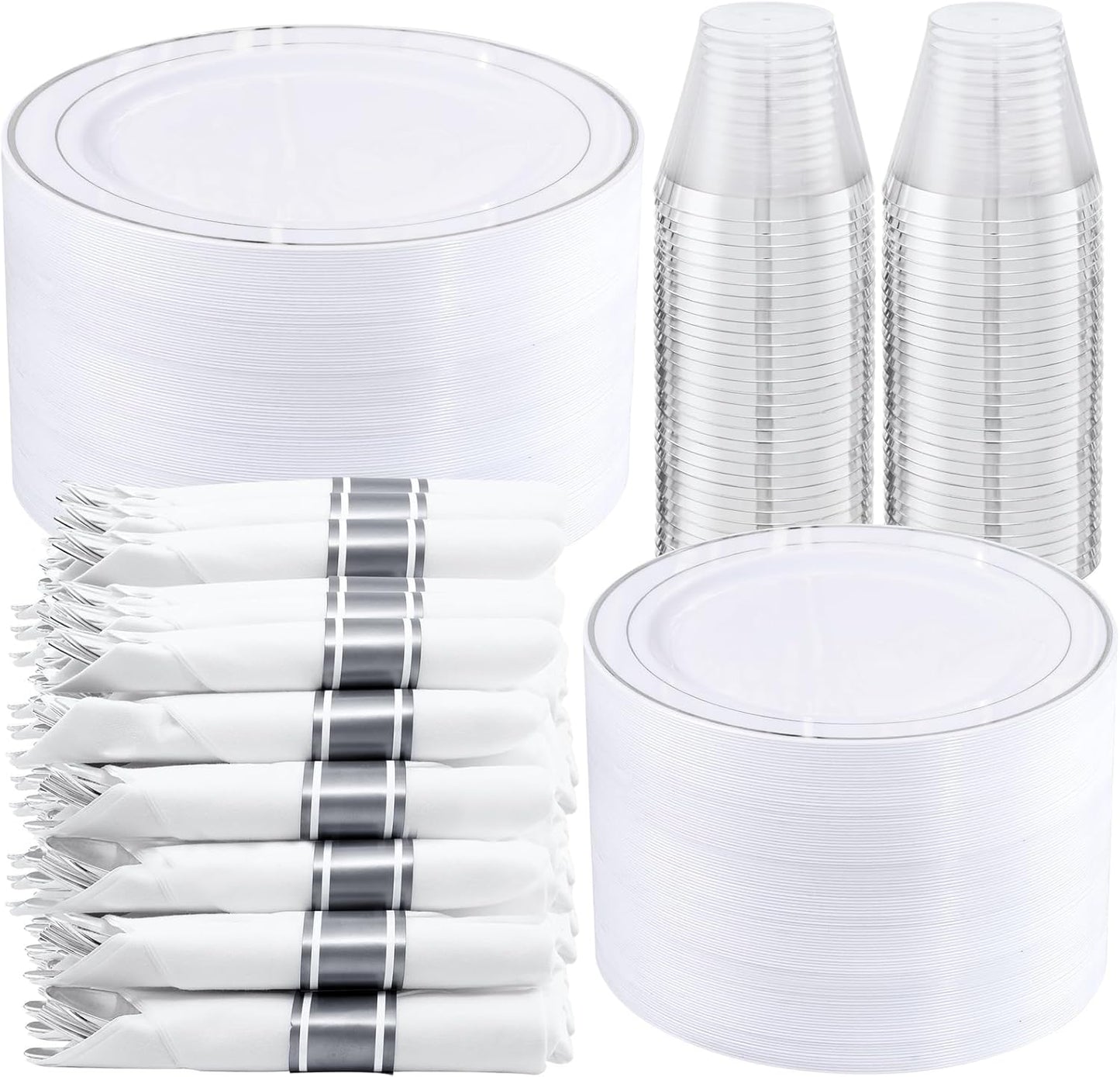 WELLIFE 350-Piece Gold Disposable Plates and Cutlery Set - Premium 10.25" Dinner Plates, 7.5" Dessert Plates, 9oz Cups & Cutlery for Weddings, Catering Events - 50 Guest Service - Elegant & Sturdy