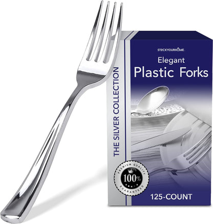 Stock Your Home 125 Disposable Heavy Duty Plastic Forks, Fancy Plastic Silverware Looks Like Real Cutlery - Utensils Perfect for Catering Events, Restaurants, Parties and Weddings (Silver)