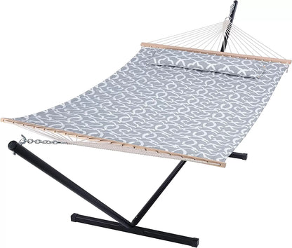 55 Inch Extra Large Double Hammock with Stand, 475lbs Capacity, Outdoor Portable Hammock with Hardwood Spreader Bar, Extra Large Pillow